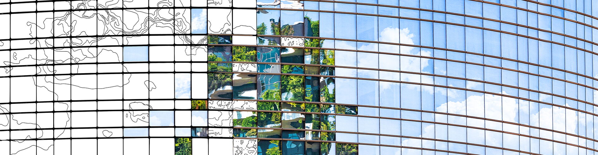 Header image ESG - glass facade reflects clouds and greenery