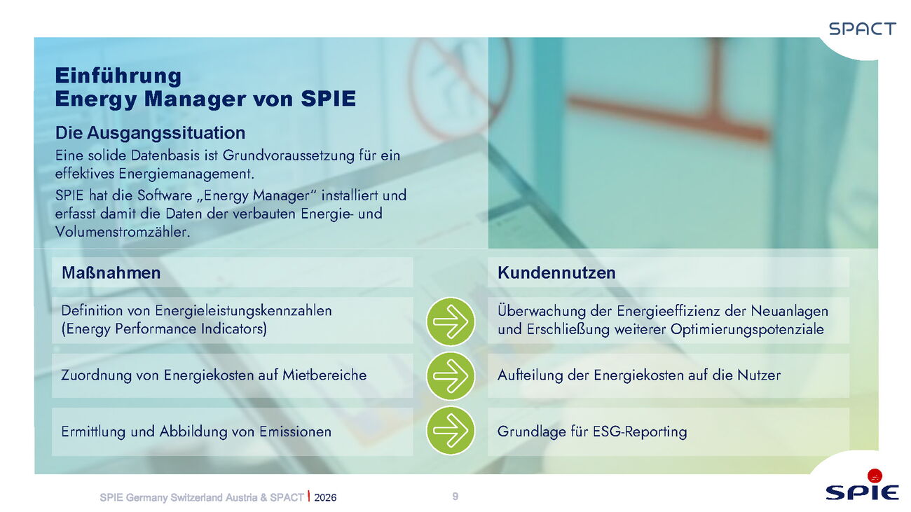 Einführung des Energy Managers von SPIE zur Optimierung des Facility Managements und der Betriebskostenabrechnung.