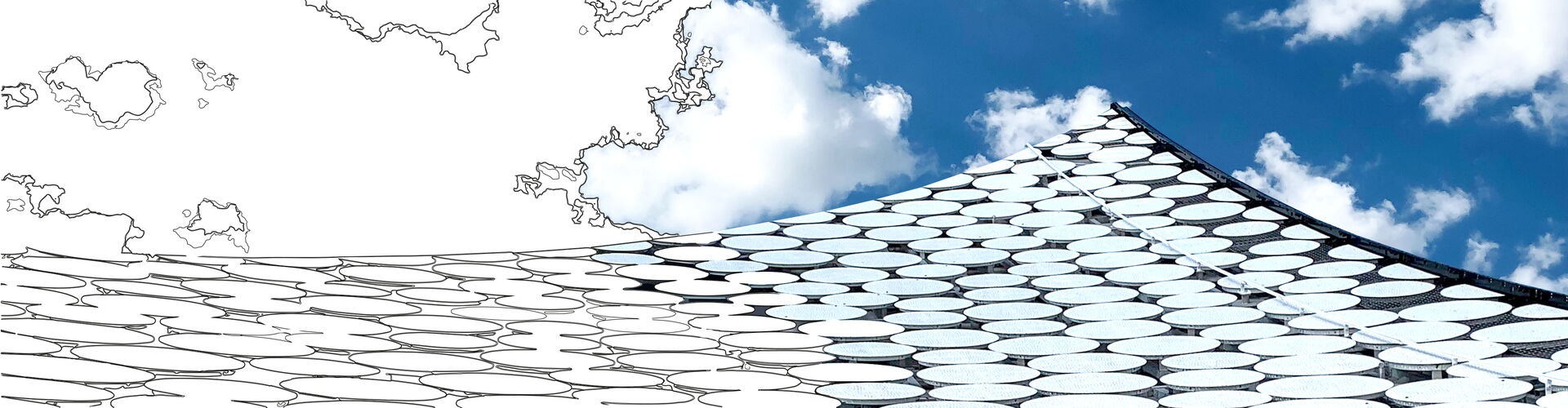 Digital artwork from photo and sketch, roof of Elbphilharmonie and clouds in sky