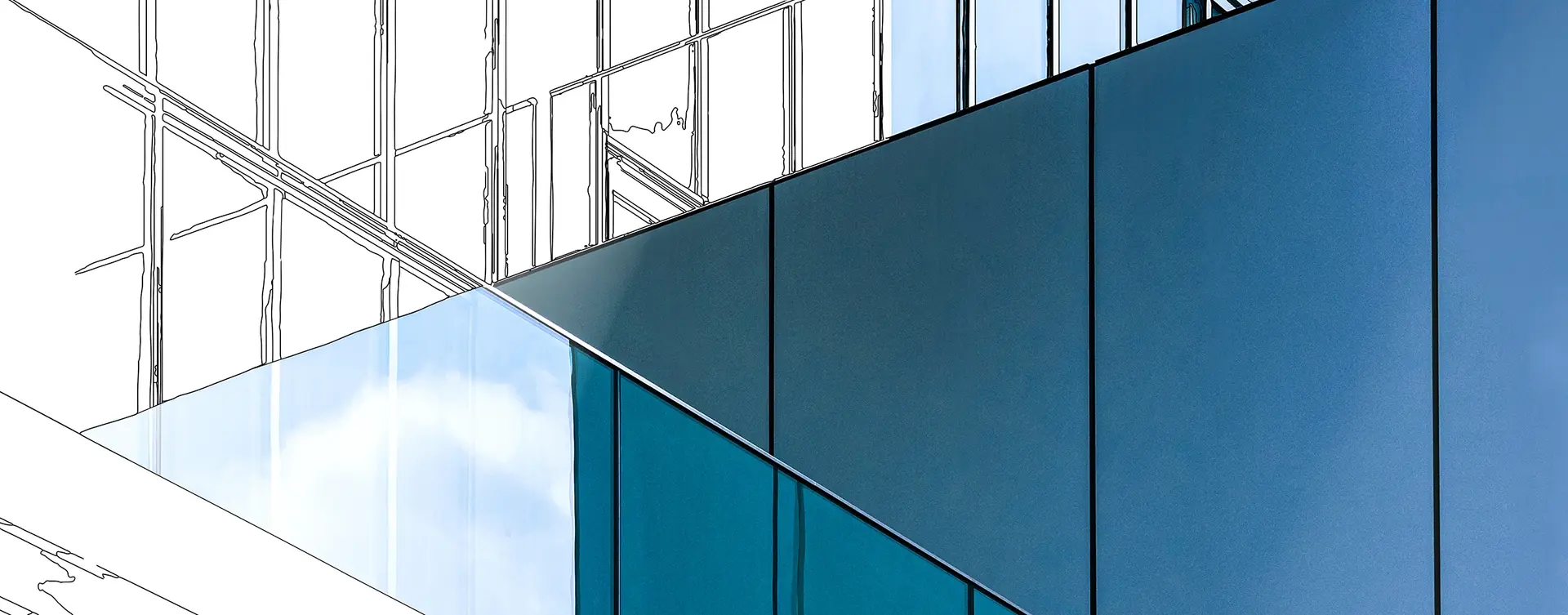 Moderne Architektur mit reflektierenden Glasflächen und klaren Linien in einem städtischen Umfeld.